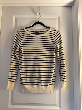 Ralph Lauren Ivory and Black Striped Lightweight Sweater with Red Polo Logo